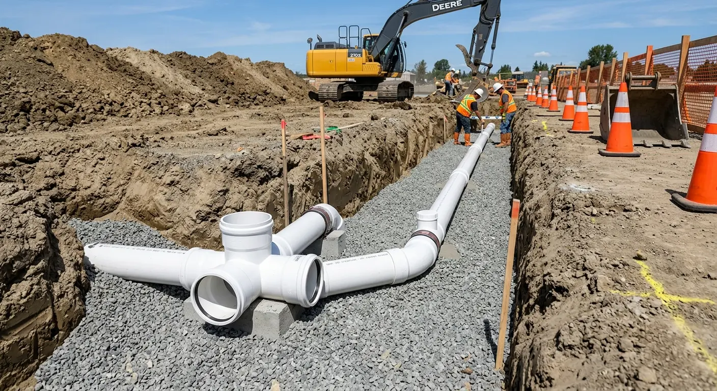 New PVC sewer pipe installation in open trench for Commercial Drain Cleaning in Yulee