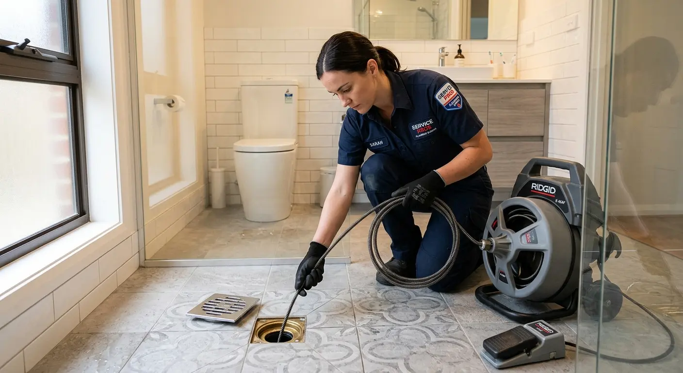 Technician clearing a bathroom floor drain for Clogged Drain Repair in Yulee